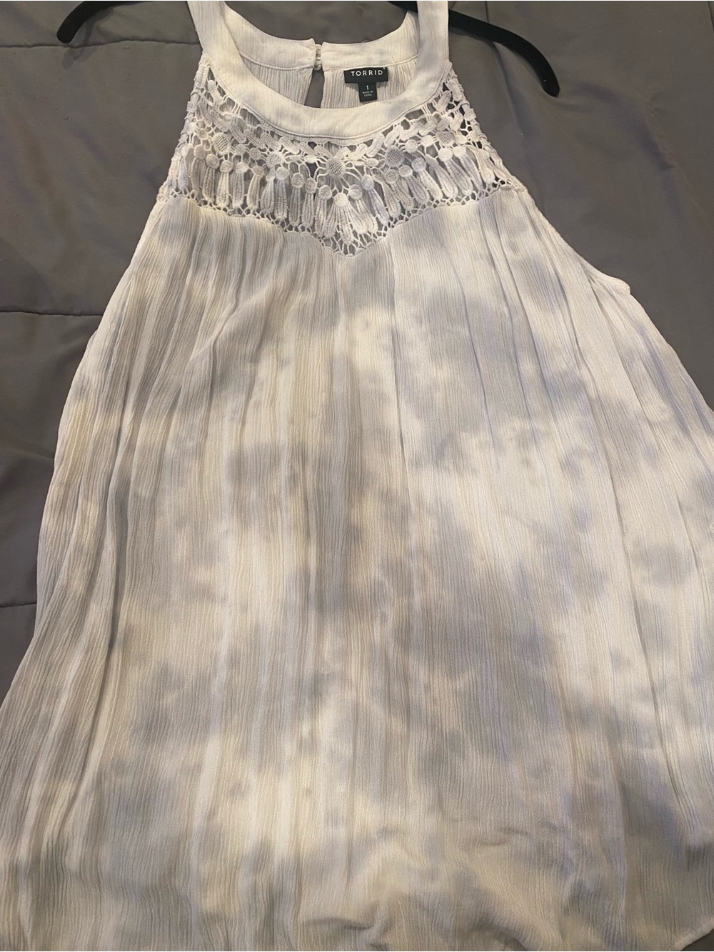 Torrid White Lace-Yoke Halter Tank with Pale Blue Tie-Dye Accents